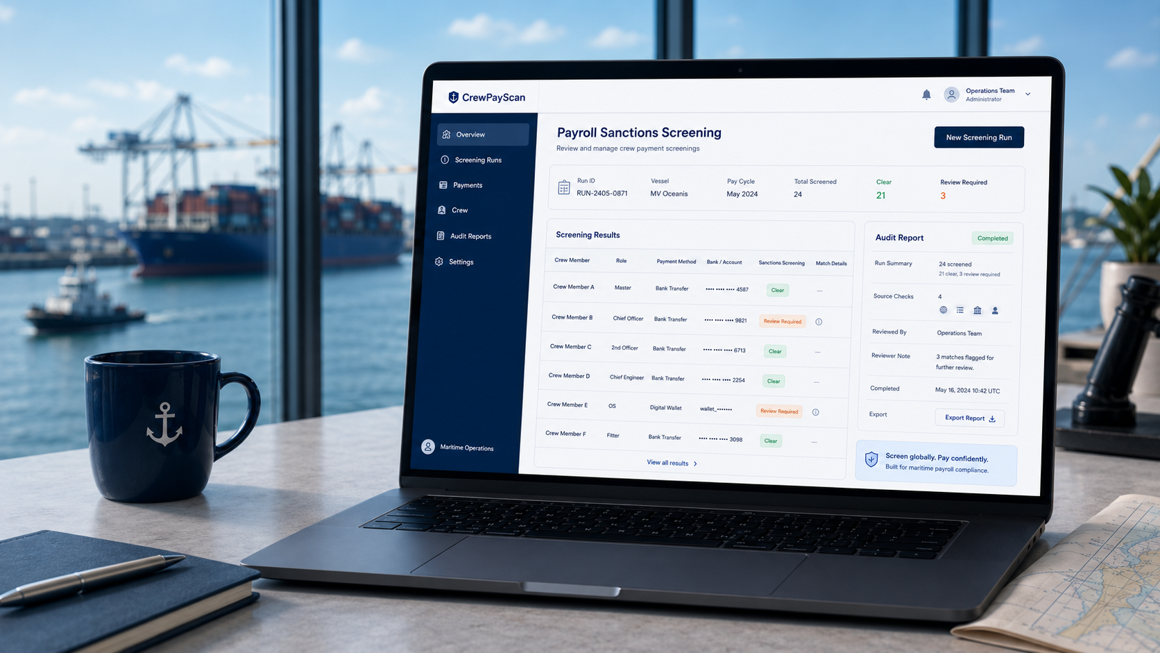 CrewPayScan dashboard preview showing beneficiary and bank-name sanctions screening