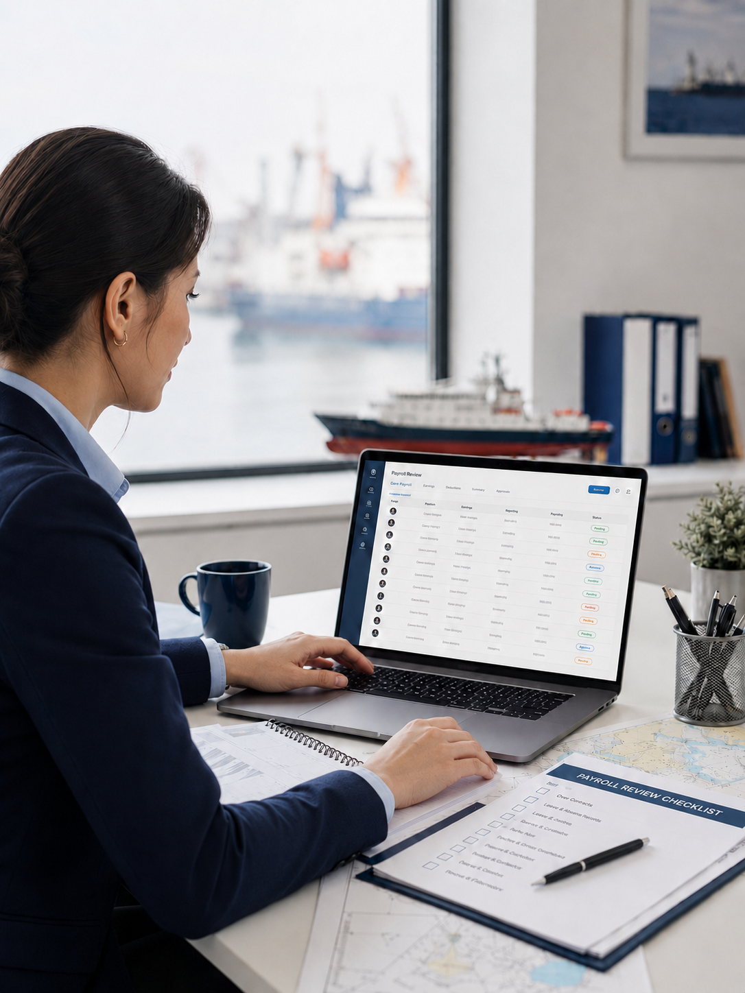 Maritime payroll manager reviewing crew payment screening questions