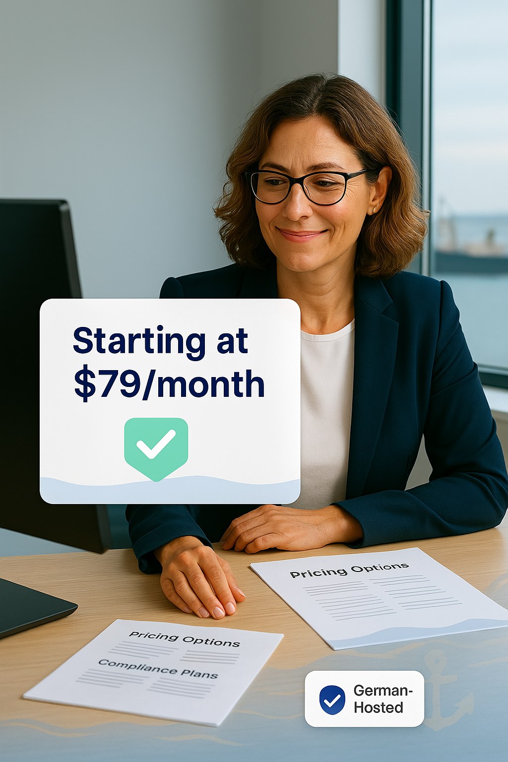 Maritime HR manager reviewing affordable compliance plans starting at $79/month