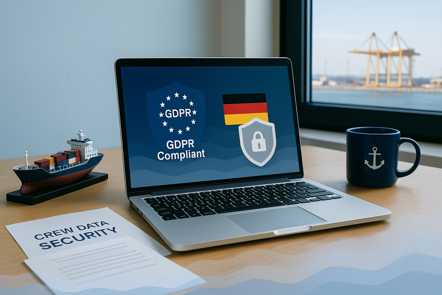 Trust signals including maritime expertise, secure German hosting, and data encryption